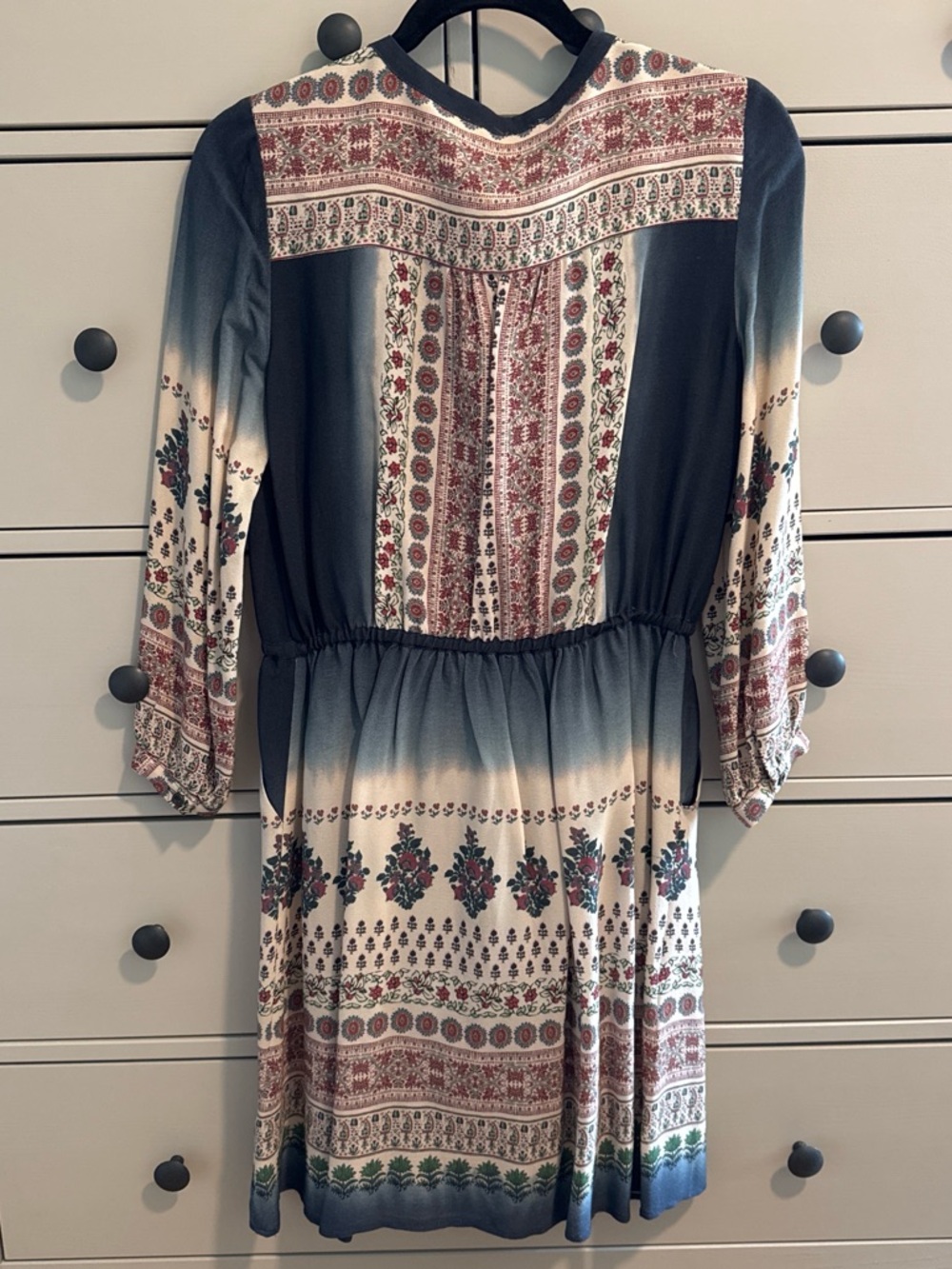 Anthropologie Floreat Boho Border Print Midi Dress Crochet Bib Tassel Tie Size 4 - Picture 3 of 12